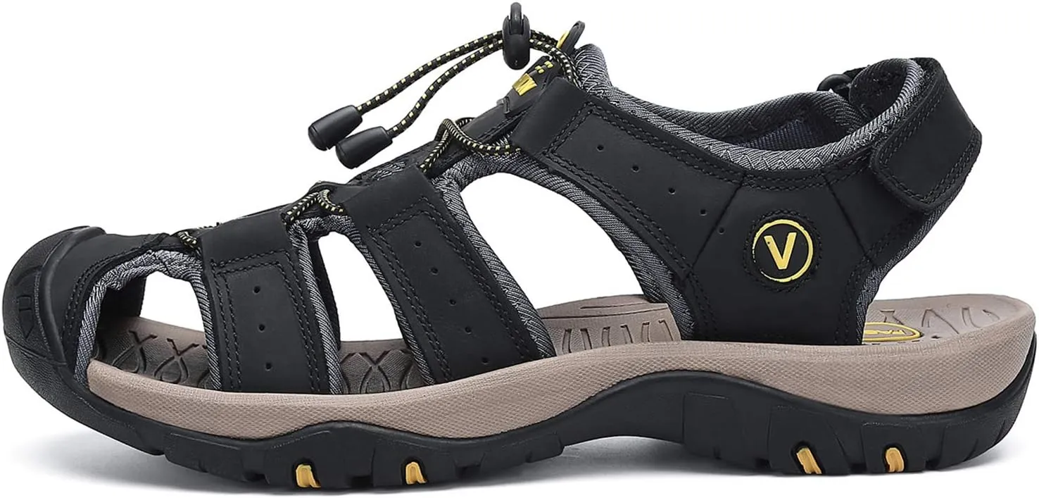 FLARUT Men's Sport Sandals Outdoor Hiking Sandals Closed Toe Leather Athletic Lightweight Trail Walking Casual Sandals Water Shoes