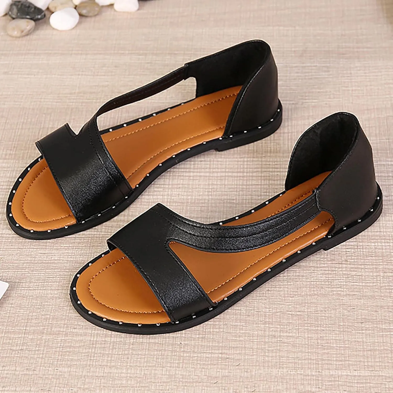 Flat Sandals for Women Casual Summer Fish Mouth Open Toe Cutout Slip on Sandals Lightweight Comfortable Ladies Outdoor Studded Shoes