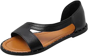 Flat Sandals for Women Casual Summer Fish Mouth Open Toe Cutout Slip on Sandals Lightweight Comfortable Ladies Outdoor Studded Shoes