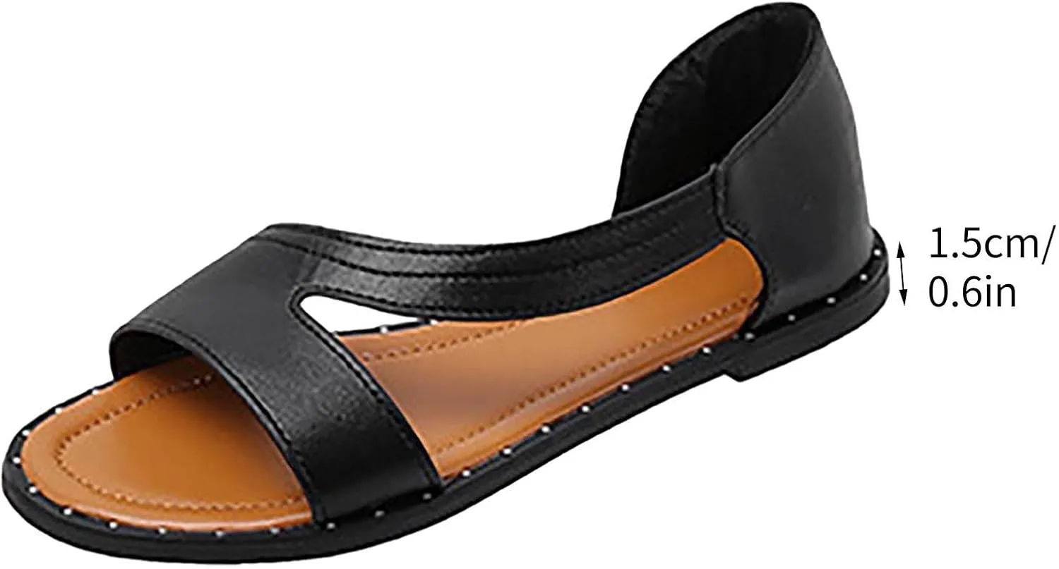 Flat Sandals for Women Casual Summer Fish Mouth Open Toe Cutout Slip on Sandals Lightweight Comfortable Ladies Outdoor Studded Shoes