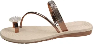 Flat Sandals for Women Dressy Slide Slip On Pearl Elastic Band Flip Flops toe Loop One toe Falt toe Ring