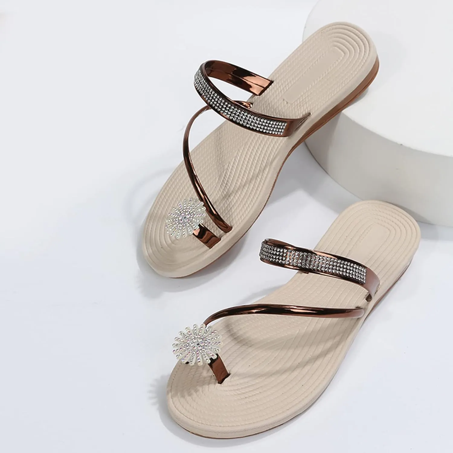 Flat Sandals for Women Dressy Slide Slip On Pearl Elastic Band Flip Flops toe Loop One toe Falt toe Ring