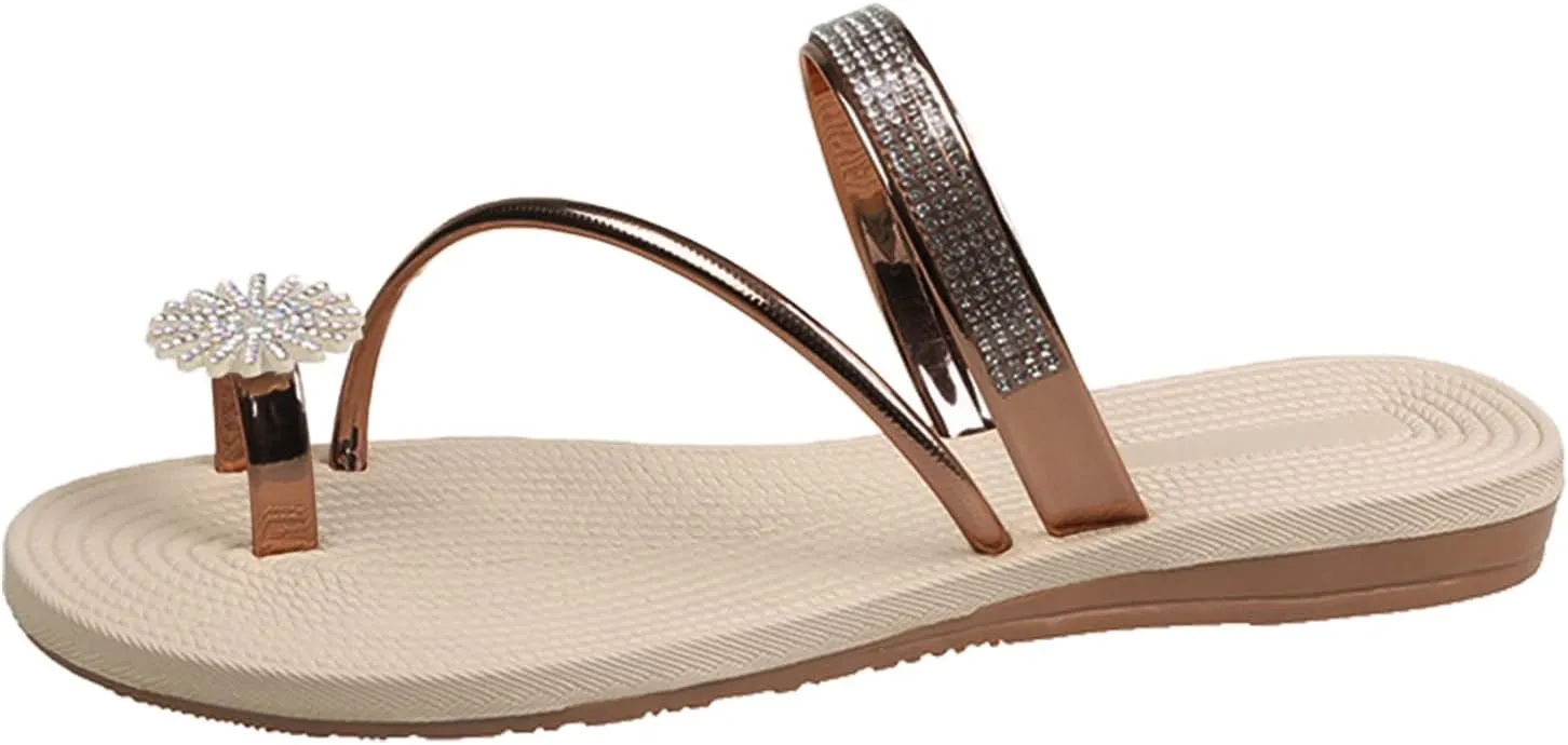 Flat Sandals for Women Dressy Slide Slip On Pearl Elastic Band Flip Flops toe Loop One toe Falt toe Ring