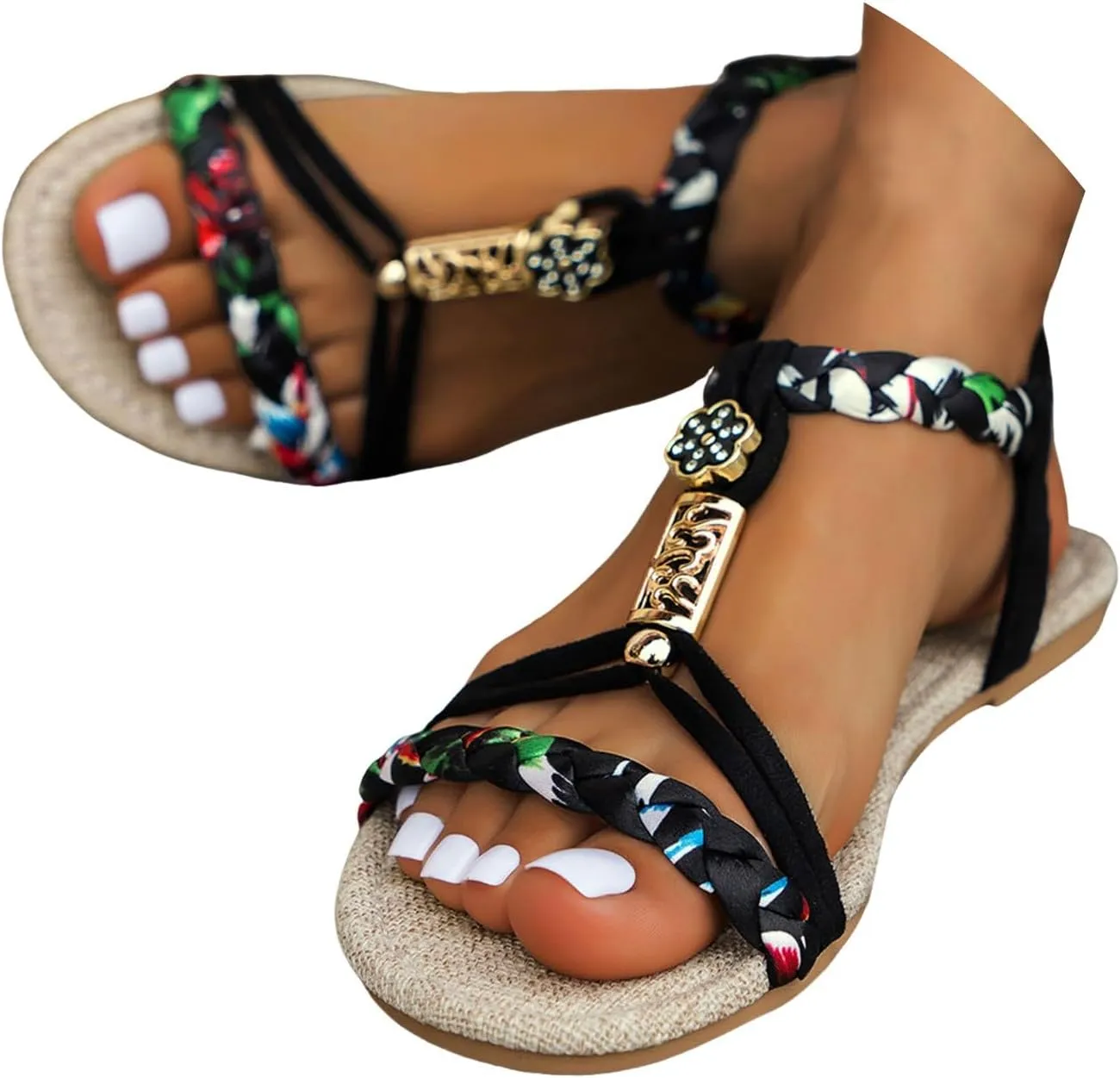 Flat Sandals For Women,Rhinestone Bohemian Braided Flat Sandals Comfortable Walking Casual Beach Ankle Elastic Summer Shoes