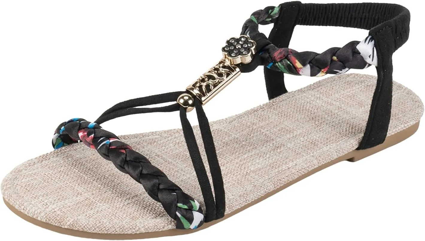 Flat Sandals For Women,Rhinestone Bohemian Braided Flat Sandals Comfortable Walking Casual Beach Ankle Elastic Summer Shoes
