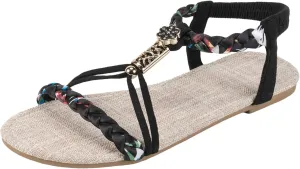 Flat Sandals For Women,Rhinestone Bohemian Braided Flat Sandals Comfortable Walking Casual Beach Ankle Elastic Summer Shoes