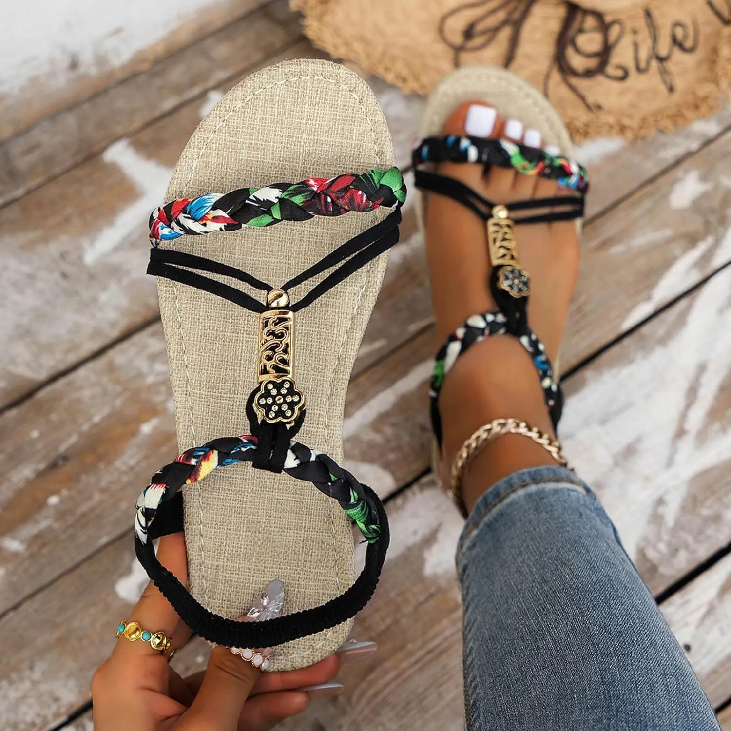 Flat Sandals For Women,Rhinestone Bohemian Braided Flat Sandals Comfortable Walking Casual Beach Ankle Elastic Summer Shoes