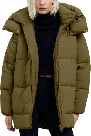 Flygo Womens Hooded Quilted Puffer Jacket Mid-Length Padded Warm Winter Heavyweight Coat Outerwear