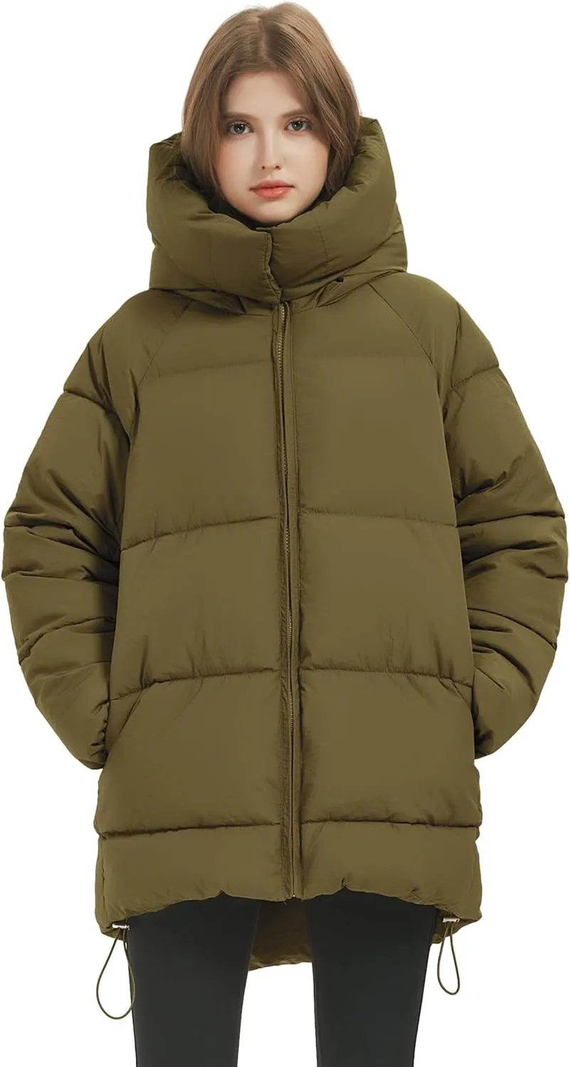 Flygo Womens Hooded Quilted Puffer Jacket Mid-Length Padded Warm Winter Heavyweight Coat Outerwear