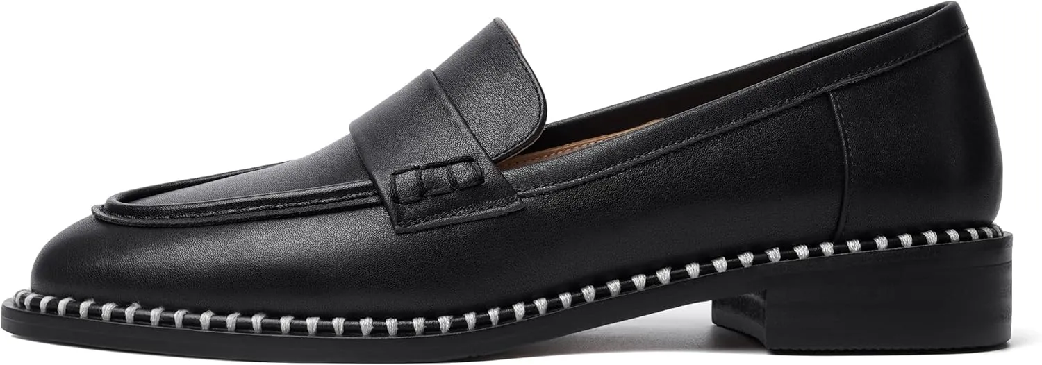 FOGEENA Womens Penny Matte Leather Casual Slip On Round Toe Work Chunky Low Heel Loafers Dress Shoes 1 Inch