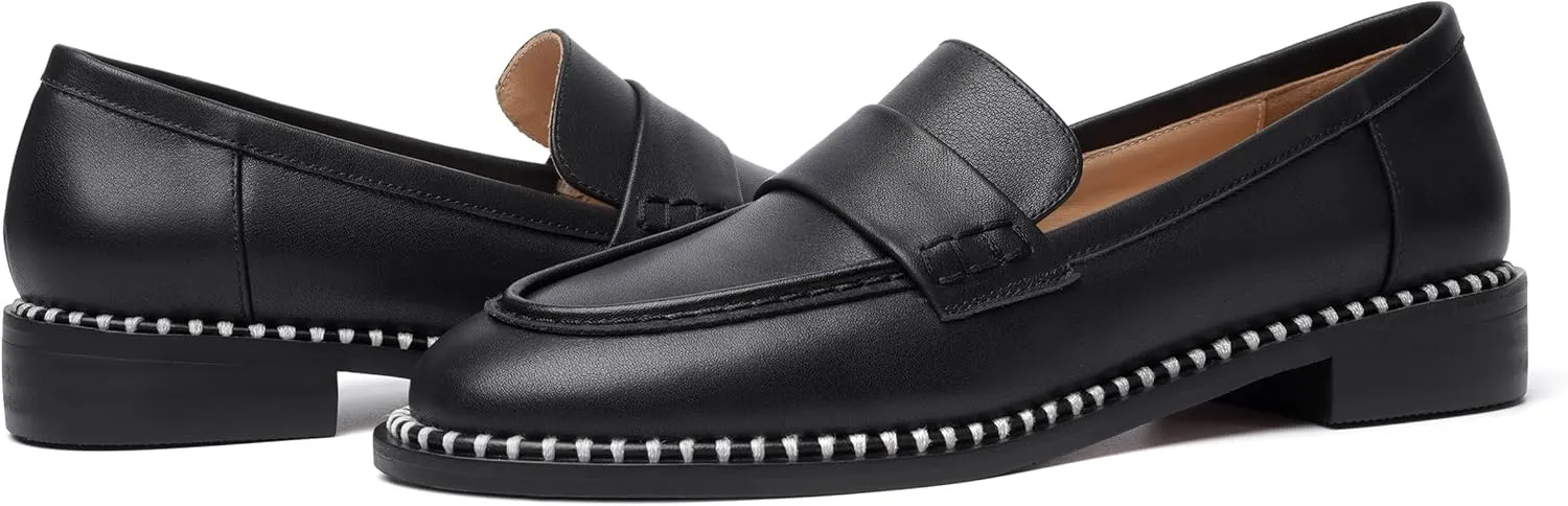 FOGEENA Womens Penny Matte Leather Casual Slip On Round Toe Work Chunky Low Heel Loafers Dress Shoes 1 Inch