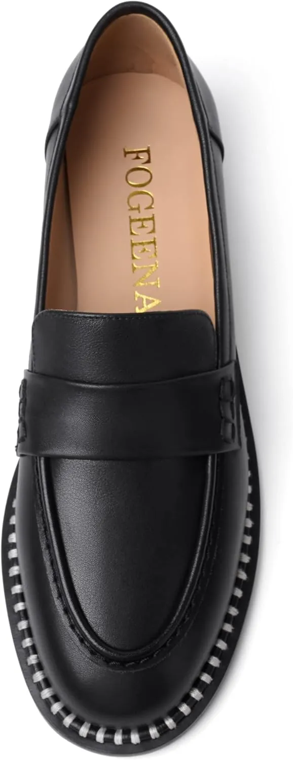 FOGEENA Womens Penny Matte Leather Casual Slip On Round Toe Work Chunky Low Heel Loafers Dress Shoes 1 Inch