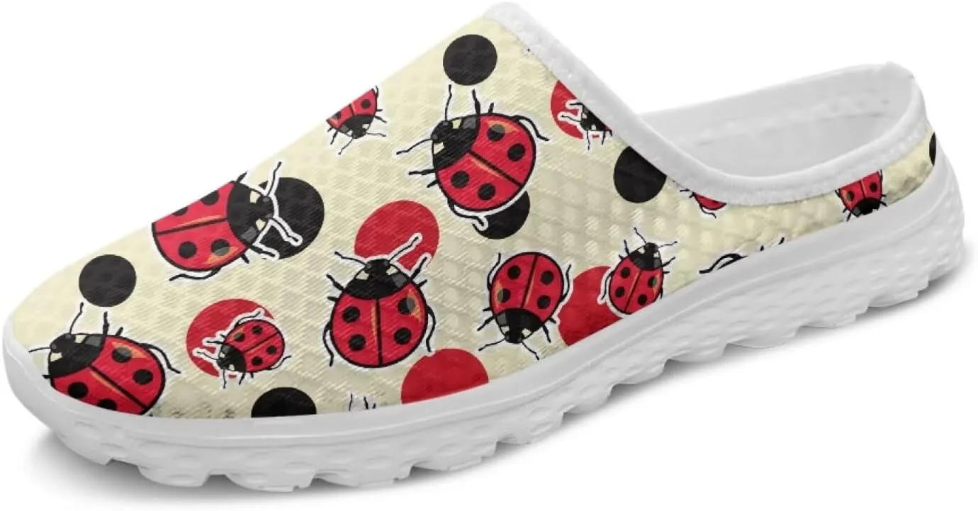 Forchrinse Womens Ladybug Mules Slip On Backless Walking Shoes Mesh Clog Shoes Breathable Slipper for Home Work Gym