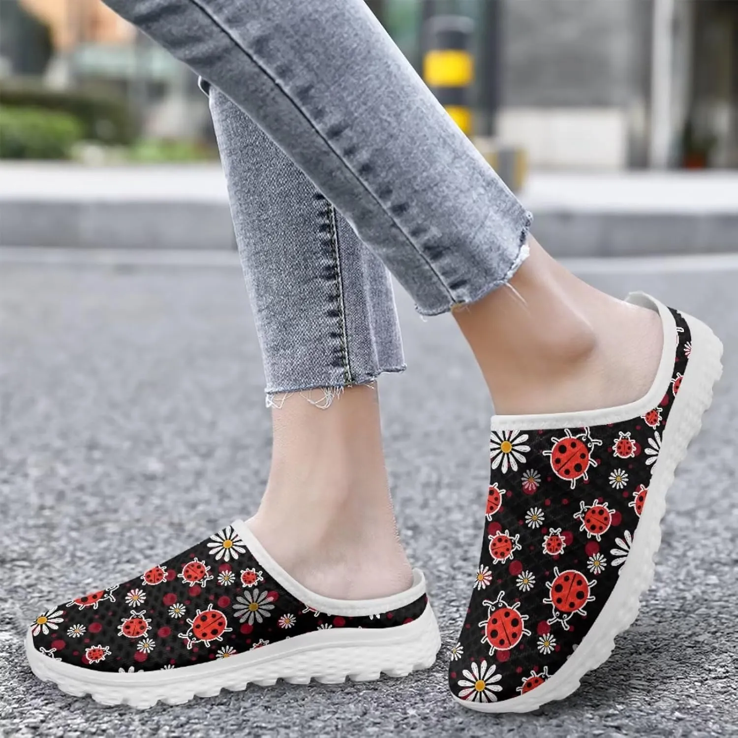 Forchrinse Womens Ladybug Mules Slip On Backless Walking Shoes Mesh Clog Shoes Breathable Slipper for Home Work Gym