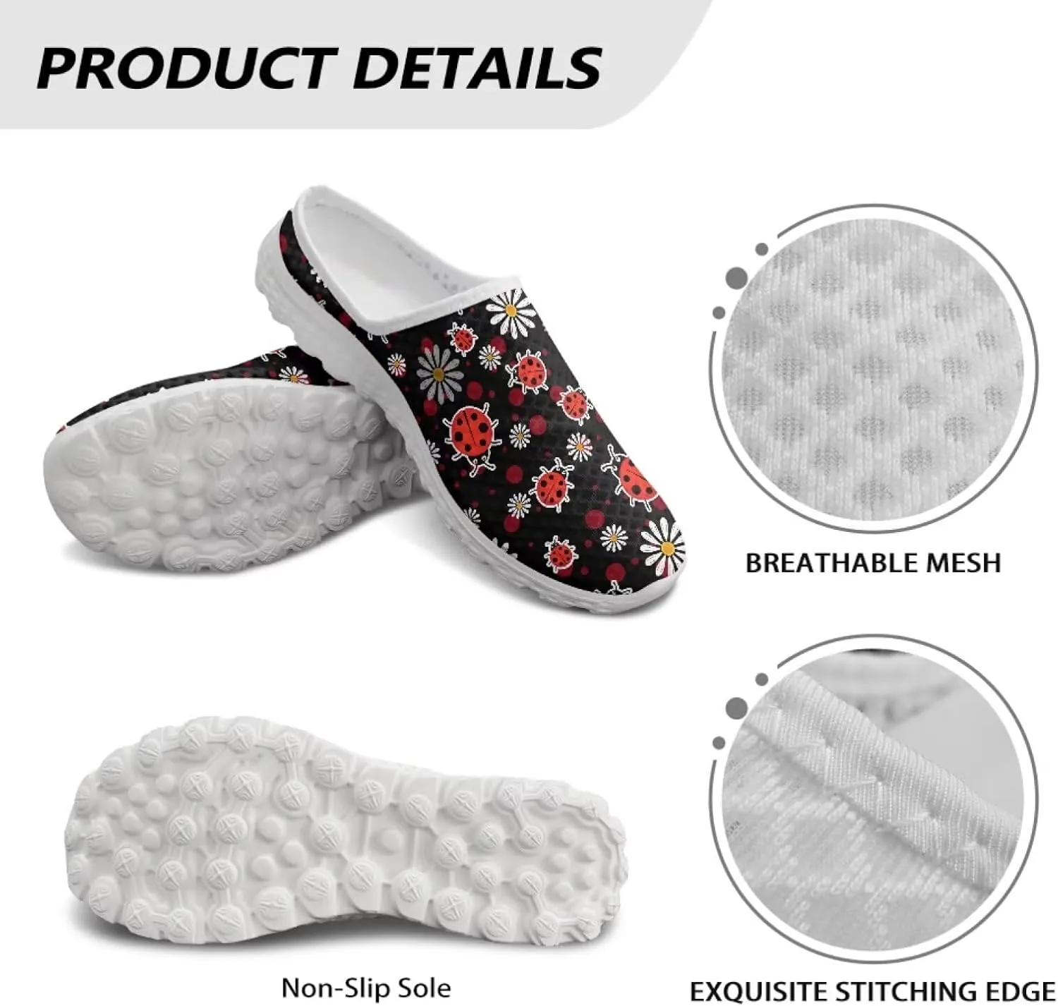 Forchrinse Womens Ladybug Mules Slip On Backless Walking Shoes Mesh Clog Shoes Breathable Slipper for Home Work Gym