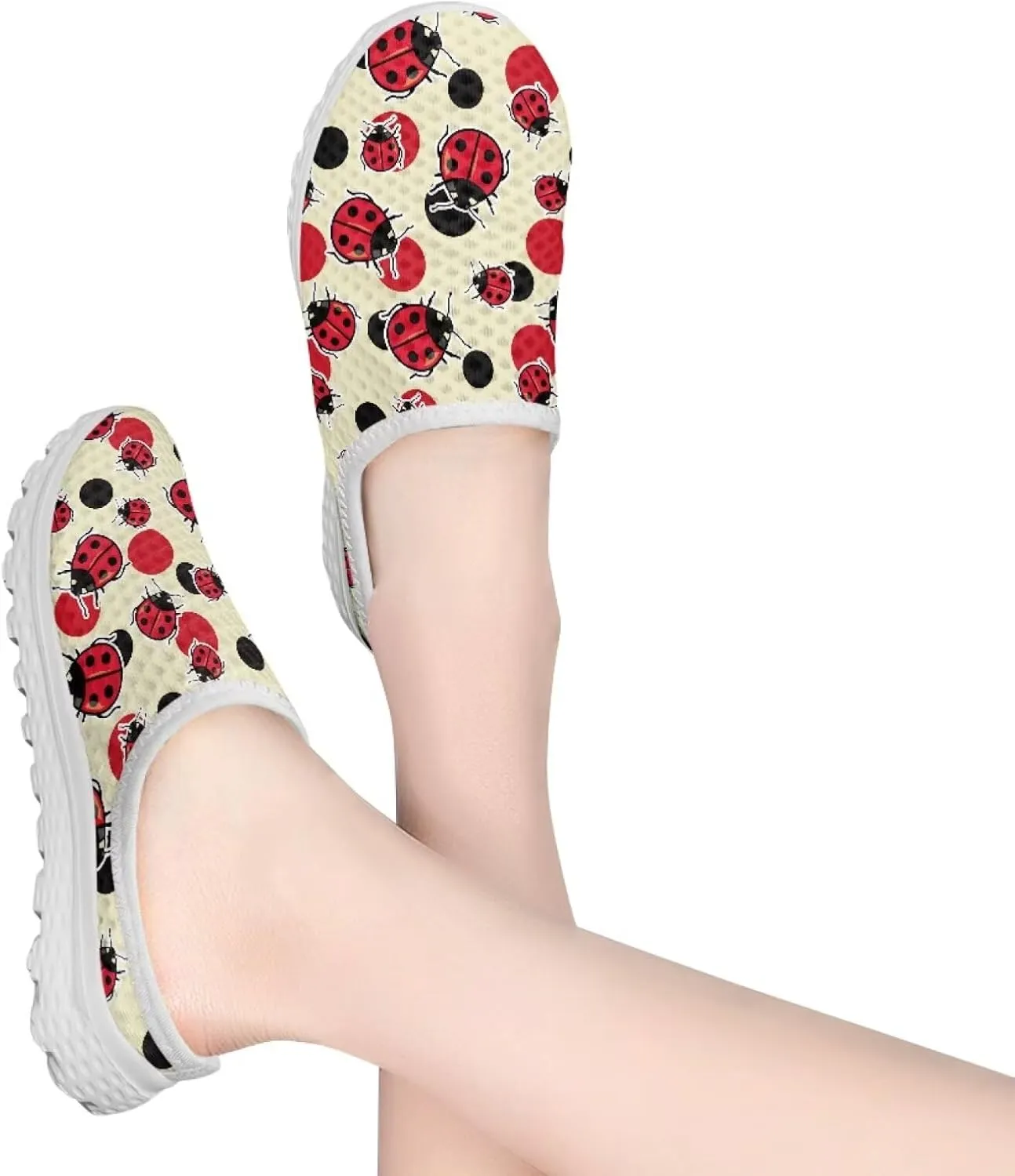 Forchrinse Womens Ladybug Mules Slip On Backless Walking Shoes Mesh Clog Shoes Breathable Slipper for Home Work Gym