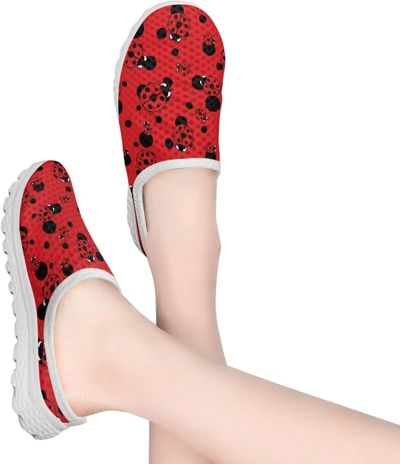 Forchrinse Womens Ladybug Mules Slip On Backless Walking Shoes Mesh Clog Shoes Breathable Slipper for Home Work Gym