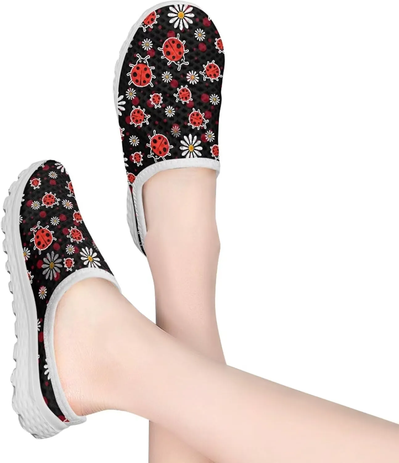 Forchrinse Womens Ladybug Mules Slip On Backless Walking Shoes Mesh Clog Shoes Breathable Slipper for Home Work Gym