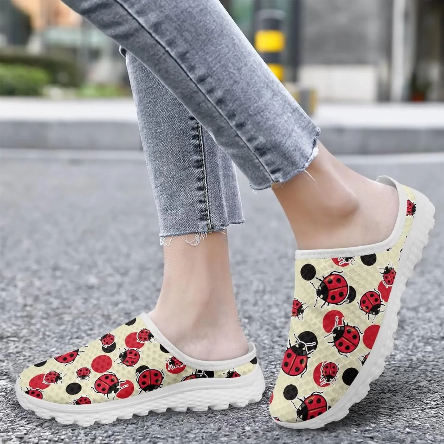 Forchrinse Womens Ladybug Mules Slip On Backless Walking Shoes Mesh Clog Shoes Breathable Slipper for Home Work Gym