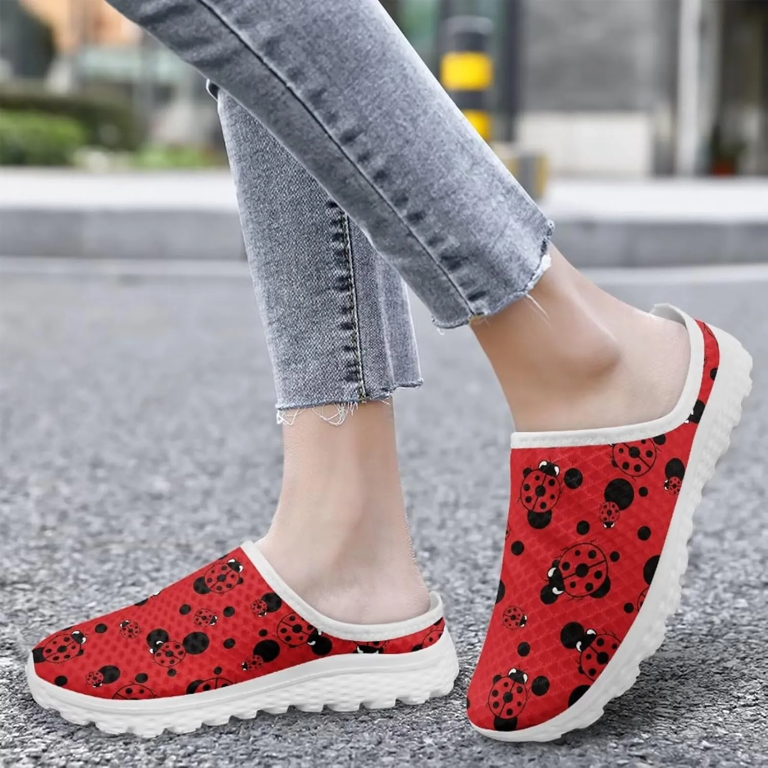 Forchrinse Womens Ladybug Mules Slip On Backless Walking Shoes Mesh Clog Shoes Breathable Slipper for Home Work Gym
