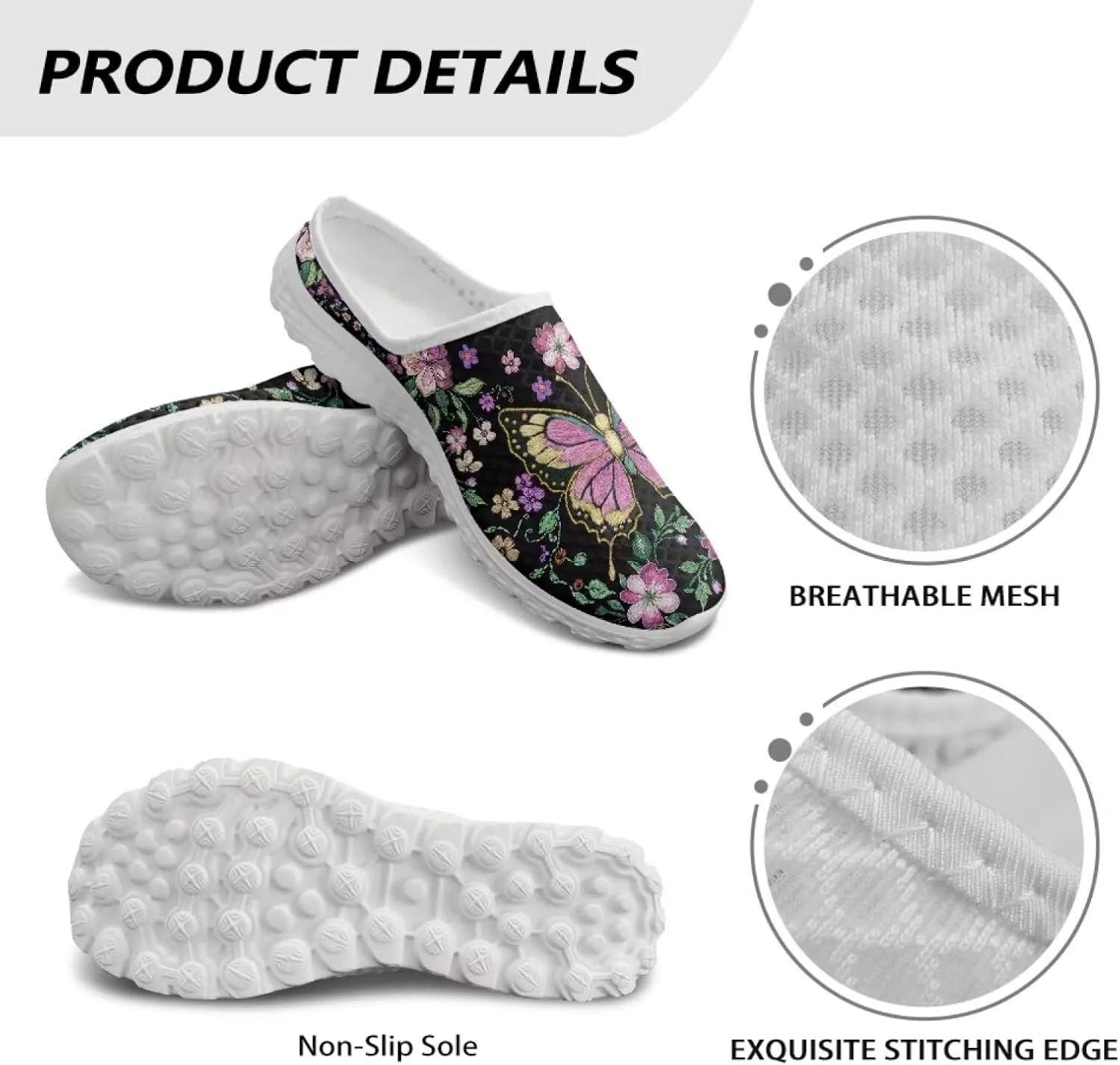 Forchrinse Women's Mules & Clogs Butterfly Slip on Walking Sneakers Lightweight Breathable Mesh Work Nursing Shoes