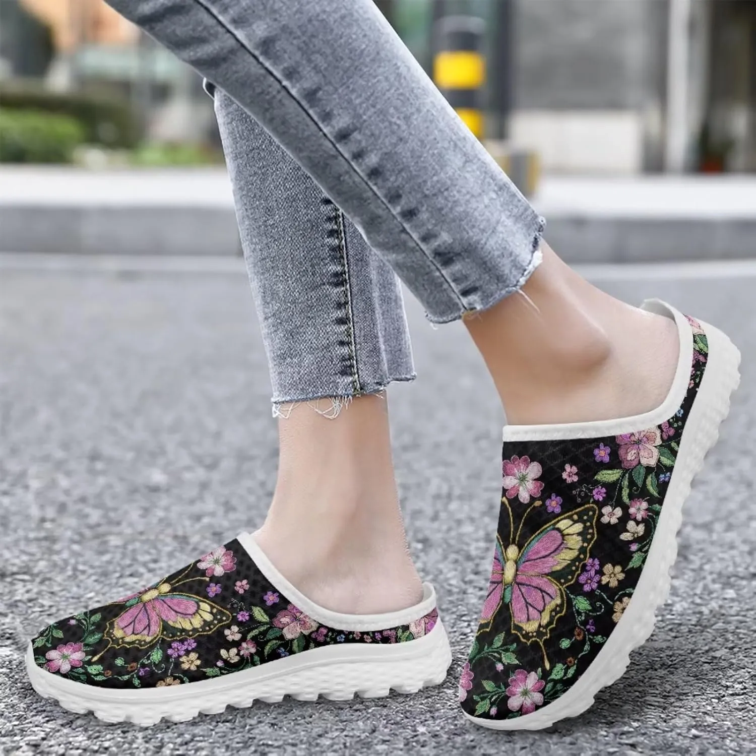 Forchrinse Women's Mules & Clogs Butterfly Slip on Walking Sneakers Lightweight Breathable Mesh Work Nursing Shoes