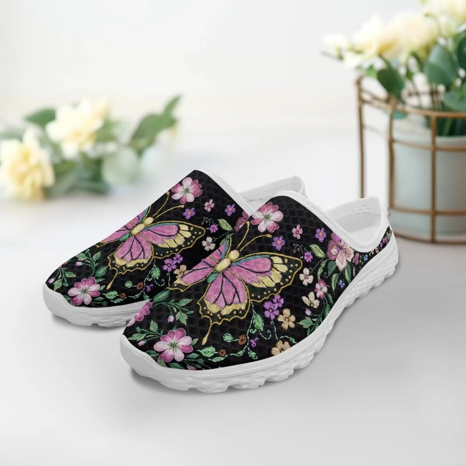 Forchrinse Women's Mules & Clogs Butterfly Slip on Walking Sneakers Lightweight Breathable Mesh Work Nursing Shoes