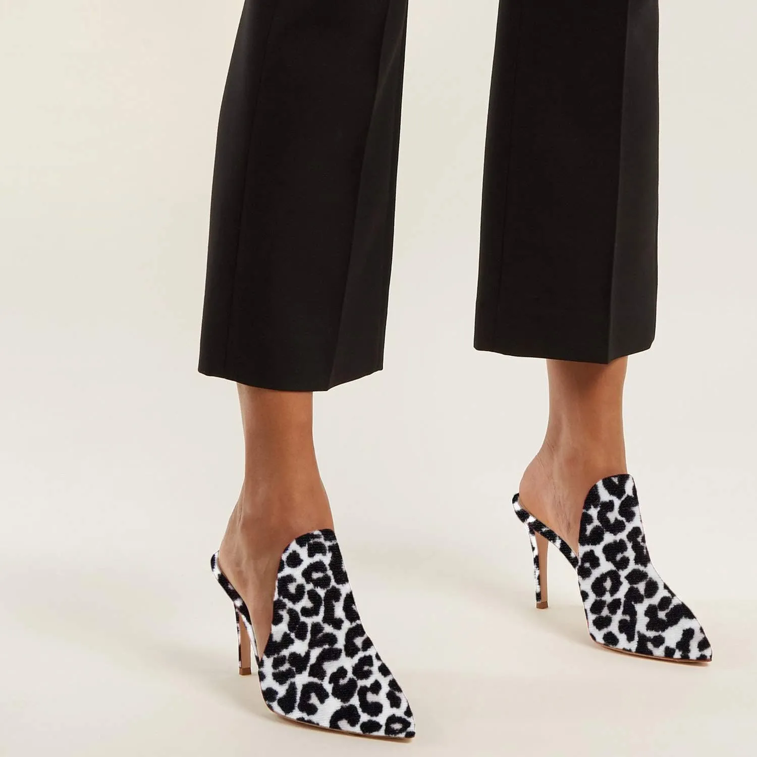 FOWT Fashion Leopard Print Side V Cut Backless Mules for Women Closed Pointed Toe High Stiletto Heel Pumps Chic Slip on One-Piece Shoes for Outdoor Party Dress 4-16 US Size