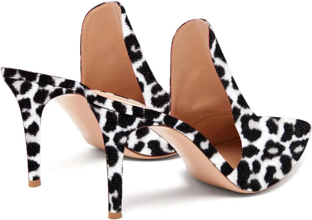 FOWT Fashion Leopard Print Side V Cut Backless Mules for Women Closed Pointed Toe High Stiletto Heel Pumps Chic Slip on One-Piece Shoes for Outdoor Party Dress 4-16 US Size