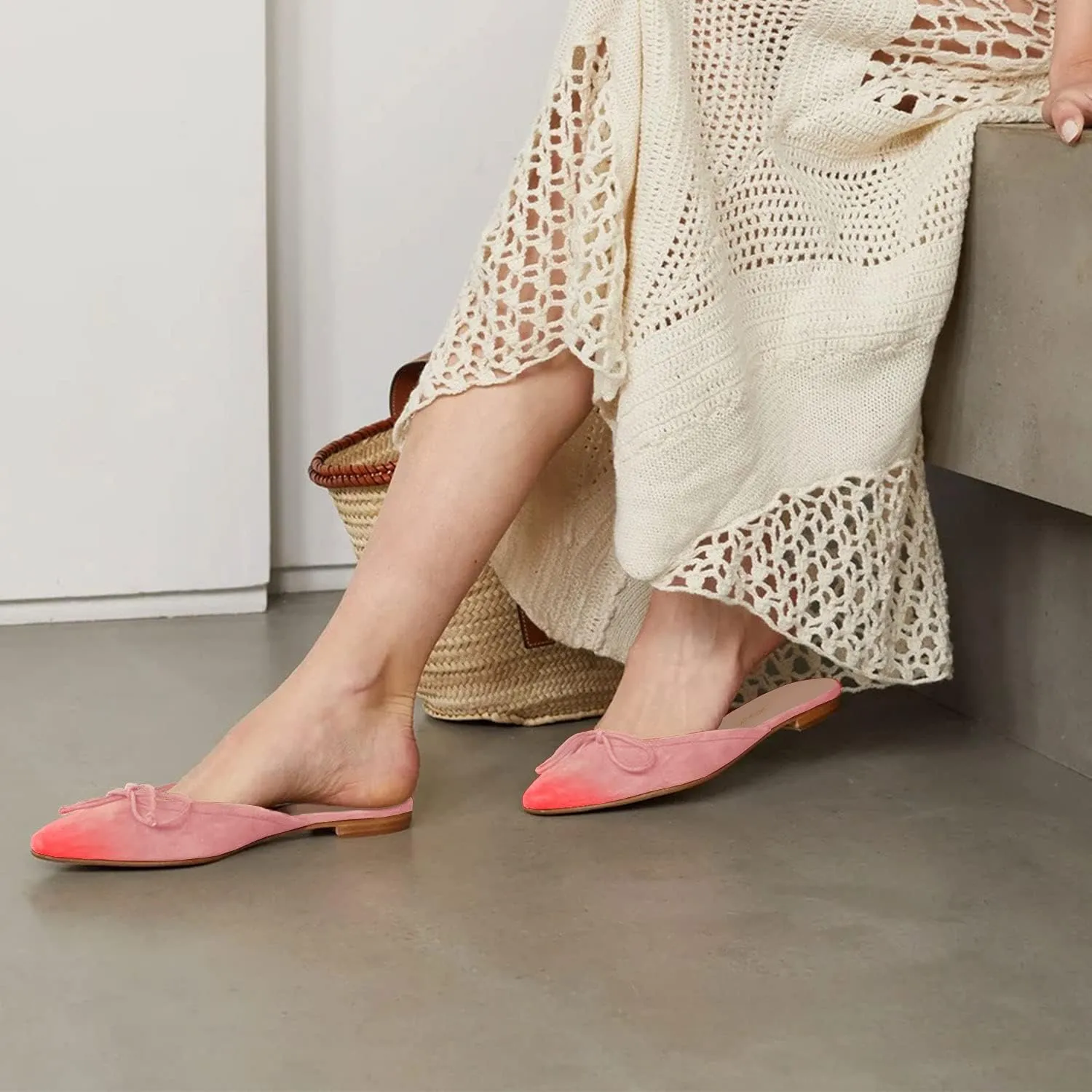 FOWT Women Low Heel Closed Almond Toe Slingback Mules,Two Toned Bow Knot Suede Slippers,Slip on Leisure Ladies Flats for Indoor Dating and Vacation,4-16 US Size