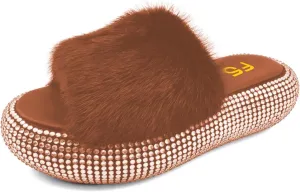 FSJ Women Fur Fur Open Toe Mules Studded Rhinestone Soft Thick Sole Slippers Slip On Casual Comfy Slide Sandals Size 4-15 US