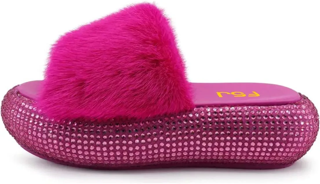 FSJ Women Fur Fur Open Toe Mules Studded Rhinestone Soft Thick Sole Slippers Slip On Casual Comfy Slide Sandals Size 4-15 US