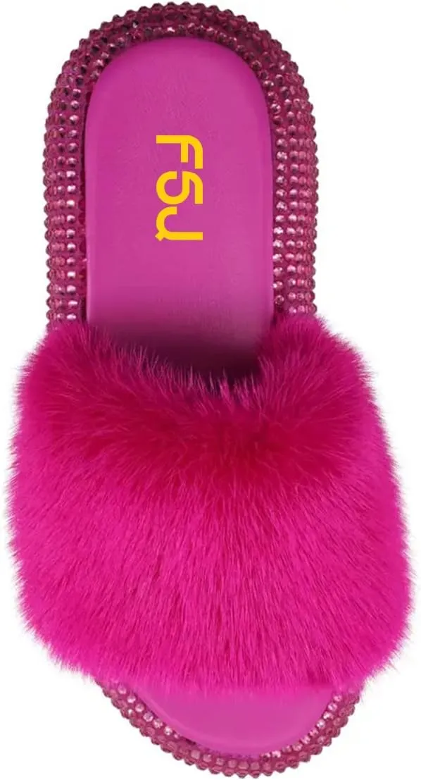 FSJ Women Fur Fur Open Toe Mules Studded Rhinestone Soft Thick Sole Slippers Slip On Casual Comfy Slide Sandals Size 4-15 US