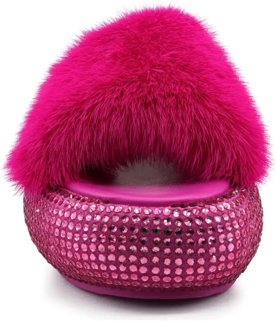 FSJ Women Fur Fur Open Toe Mules Studded Rhinestone Soft Thick Sole Slippers Slip On Casual Comfy Slide Sandals Size 4-15 US