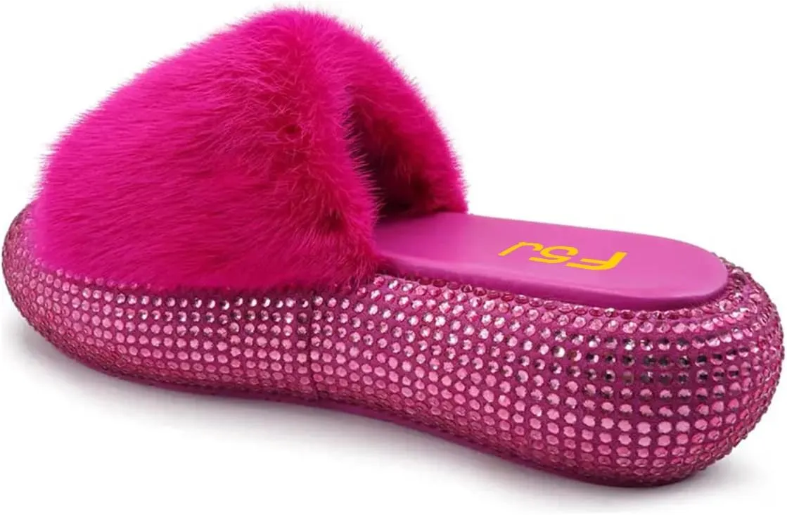 FSJ Women Fur Fur Open Toe Mules Studded Rhinestone Soft Thick Sole Slippers Slip On Casual Comfy Slide Sandals Size 4-15 US