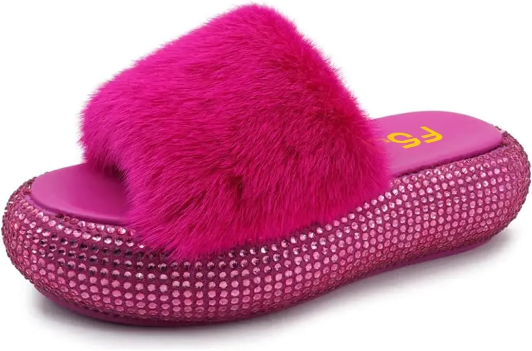 FSJ Women Fur Fur Open Toe Mules Studded Rhinestone Soft Thick Sole Slippers Slip On Casual Comfy Slide Sandals Size 4-15 US