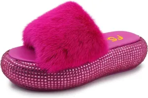FSJ Women Fur Fur Open Toe Mules Studded Rhinestone Soft Thick Sole Slippers Slip On Casual Comfy Slide Sandals Size 4-15 US