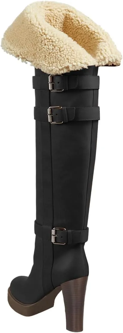 FSJ Women Over The Knee Boots Platform Chunky High Heels Round Toe Buckled Strappy Folded Fur Collar Fashion Warm Fall Winter Shoes Size 4-16 US
