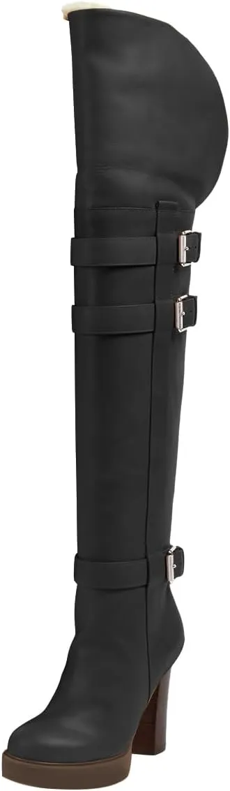 FSJ Women Over The Knee Boots Platform Chunky High Heels Round Toe Buckled Strappy Folded Fur Collar Fashion Warm Fall Winter Shoes Size 4-16 US