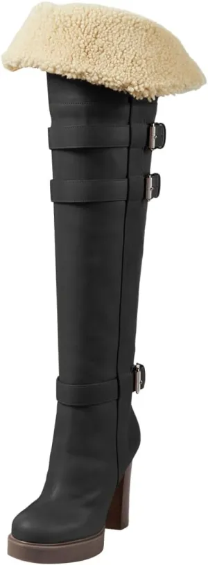 FSJ Women Over The Knee Boots Platform Chunky High Heels Round Toe Buckled Strappy Folded Fur Collar Fashion Warm Fall Winter Shoes Size 4-16 US