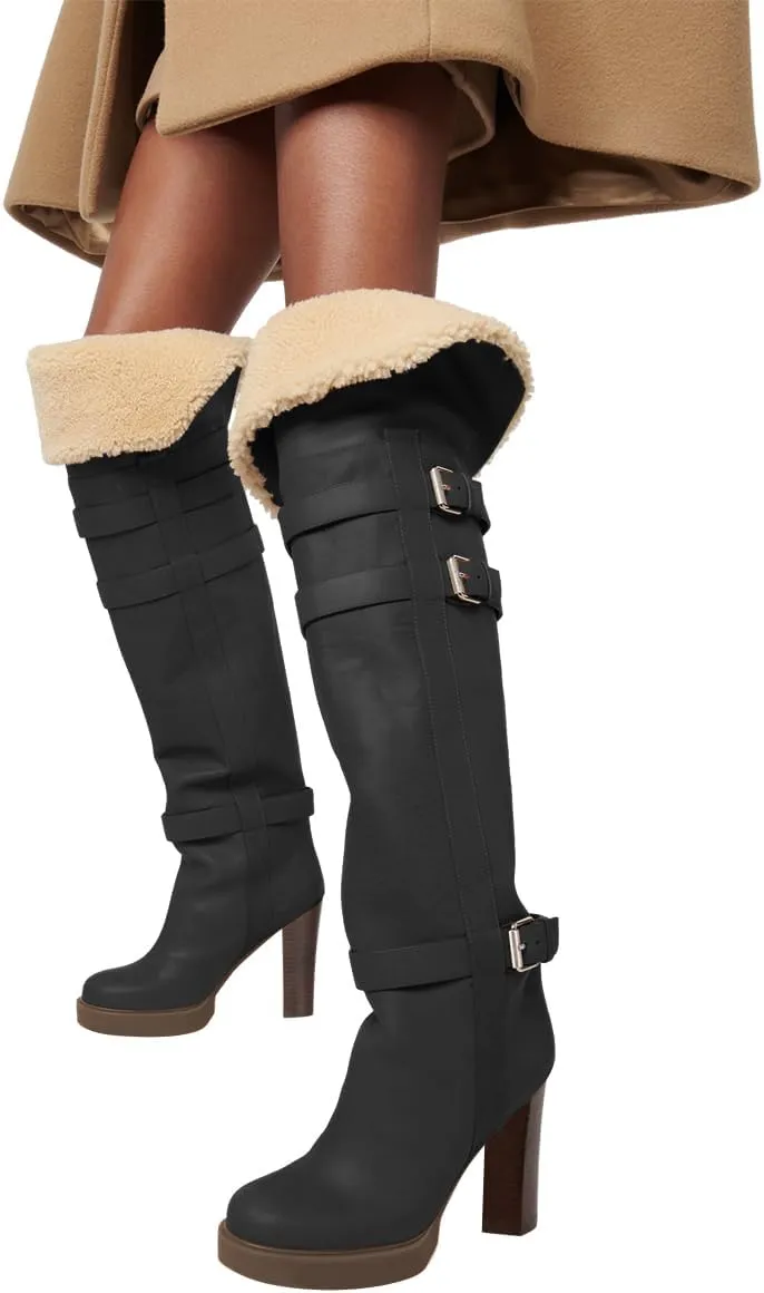 FSJ Women Over The Knee Boots Platform Chunky High Heels Round Toe Buckled Strappy Folded Fur Collar Fashion Warm Fall Winter Shoes Size 4-16 US