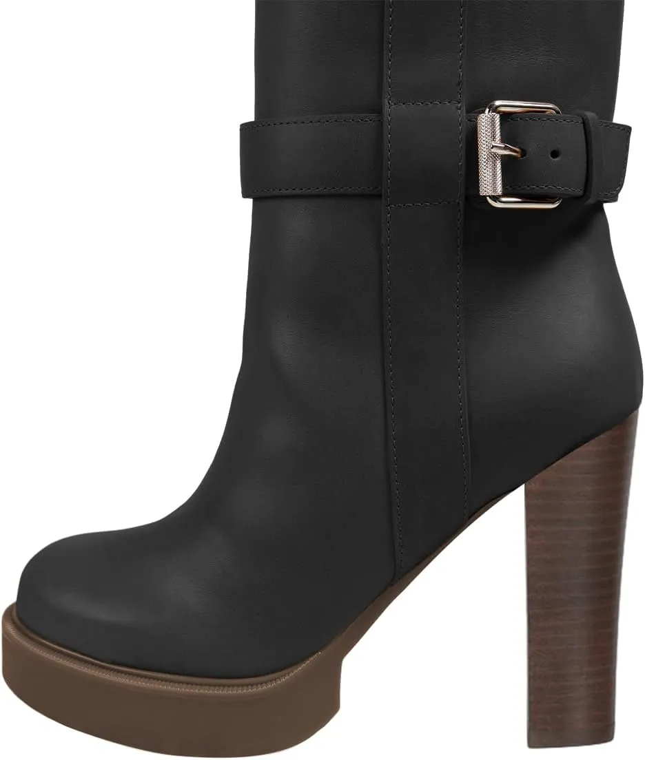 FSJ Women Over The Knee Boots Platform Chunky High Heels Round Toe Buckled Strappy Folded Fur Collar Fashion Warm Fall Winter Shoes Size 4-16 US