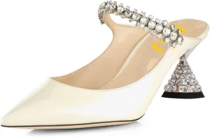 FSJ Women Rhinestone Cone Low Heel Mules Closed Pointed Toe One Strap Sandals Slip On Backless Bridal Summer Shoes Size 4-15 US