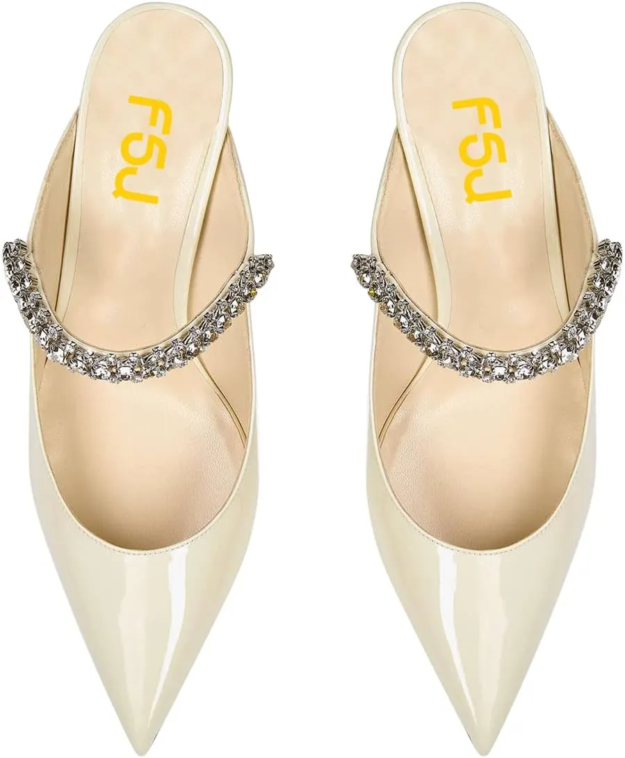FSJ Women Rhinestone Cone Low Heel Mules Closed Pointed Toe One Strap Sandals Slip On Backless Bridal Summer Shoes Size 4-15 US