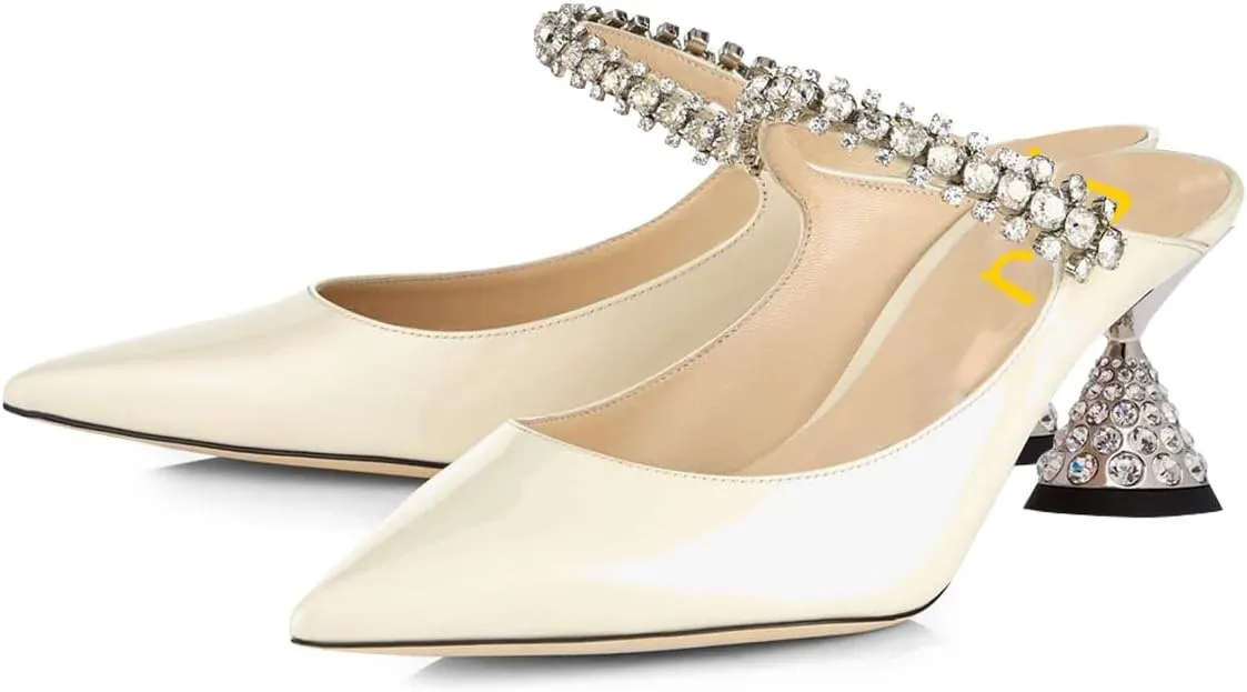 FSJ Women Rhinestone Cone Low Heel Mules Closed Pointed Toe One Strap Sandals Slip On Backless Bridal Summer Shoes Size 4-15 US