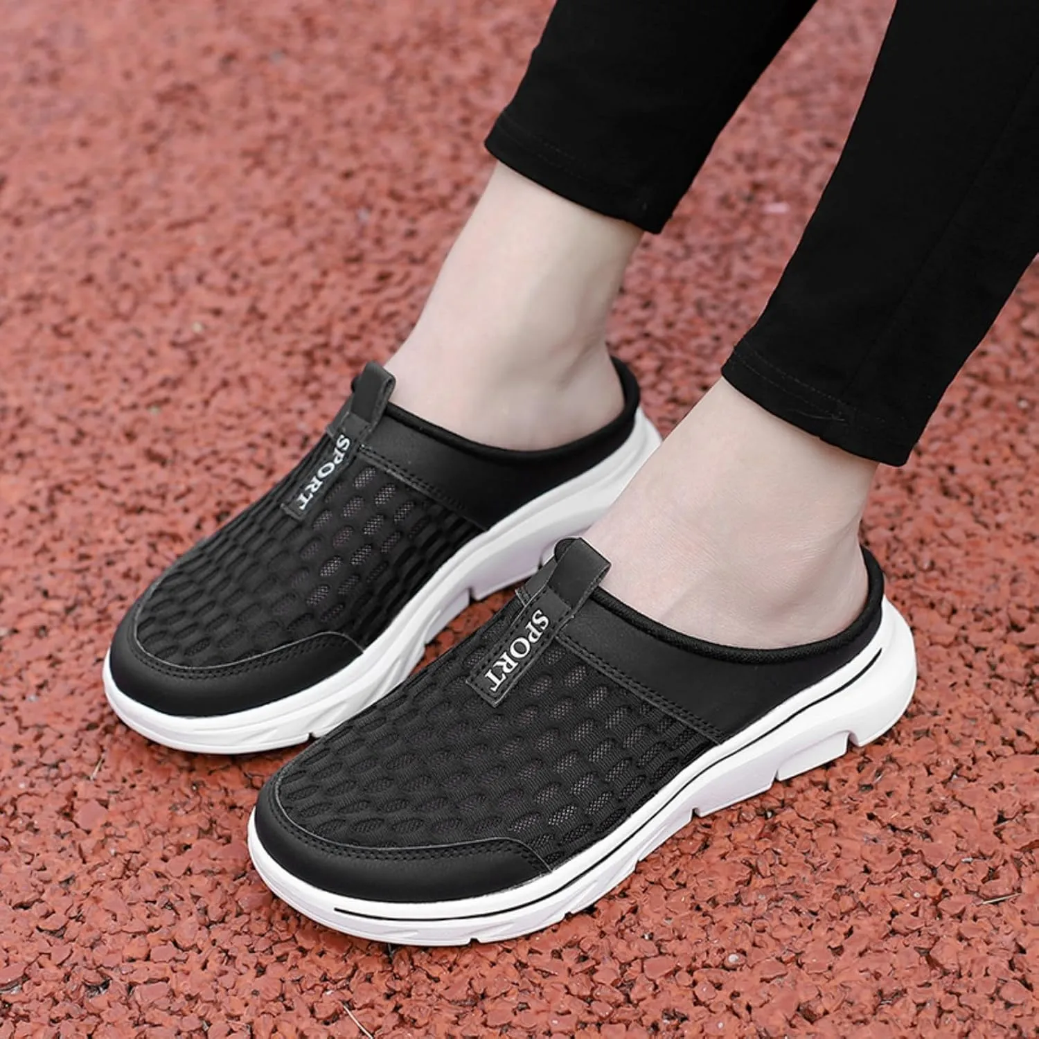 FUNCOS Men's Arch Support Slip-On Mules - Breathable Mesh Walking Shoes with Memory Foam, Lightweight Comfortable House Slippers for Indoor & Outdoor