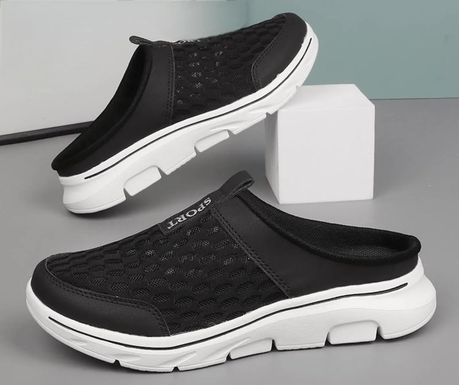 FUNCOS Men's Arch Support Slip-On Mules - Breathable Mesh Walking Shoes with Memory Foam, Lightweight Comfortable House Slippers for Indoor & Outdoor