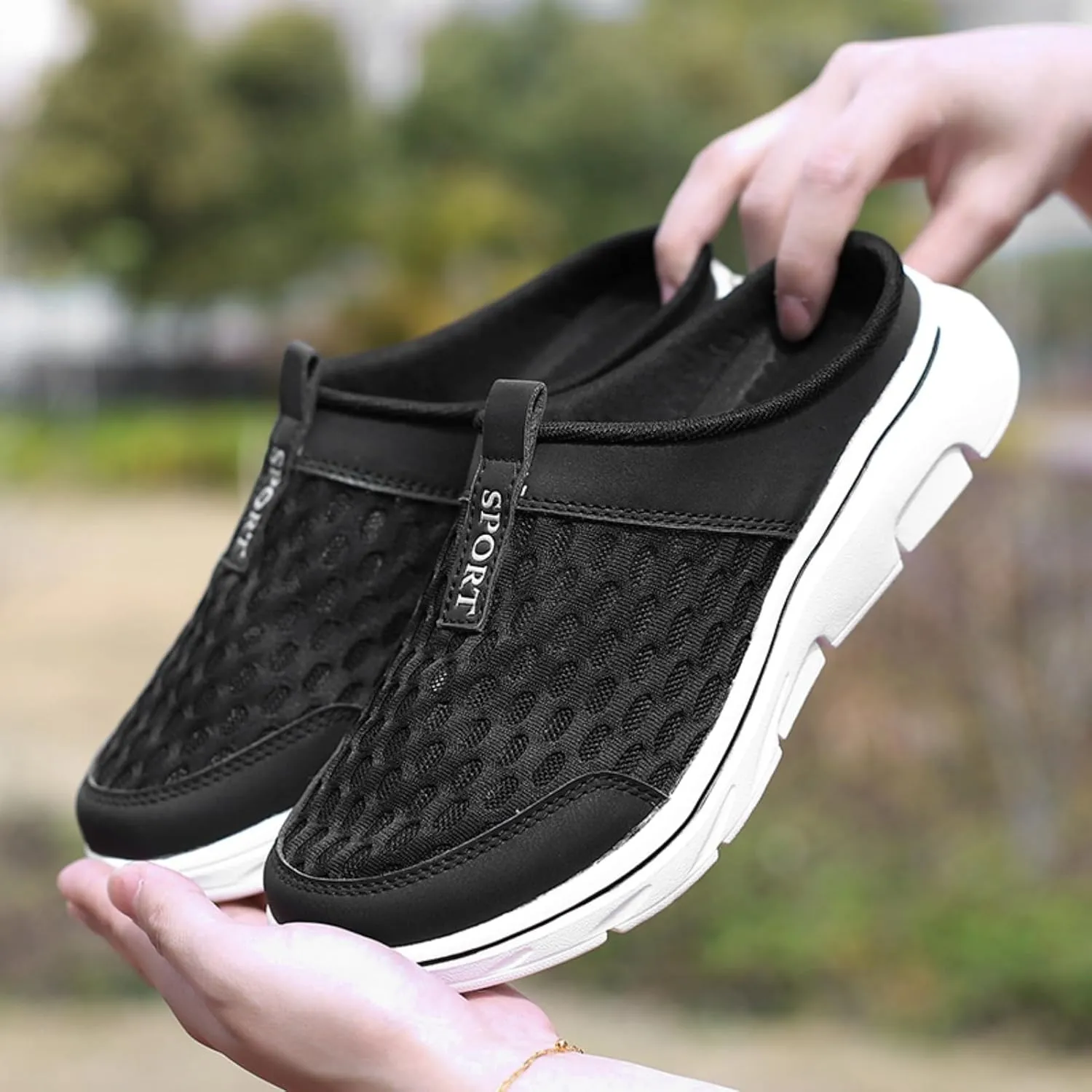 FUNCOS Men's Arch Support Slip-On Mules - Breathable Mesh Walking Shoes with Memory Foam, Lightweight Comfortable House Slippers for Indoor & Outdoor