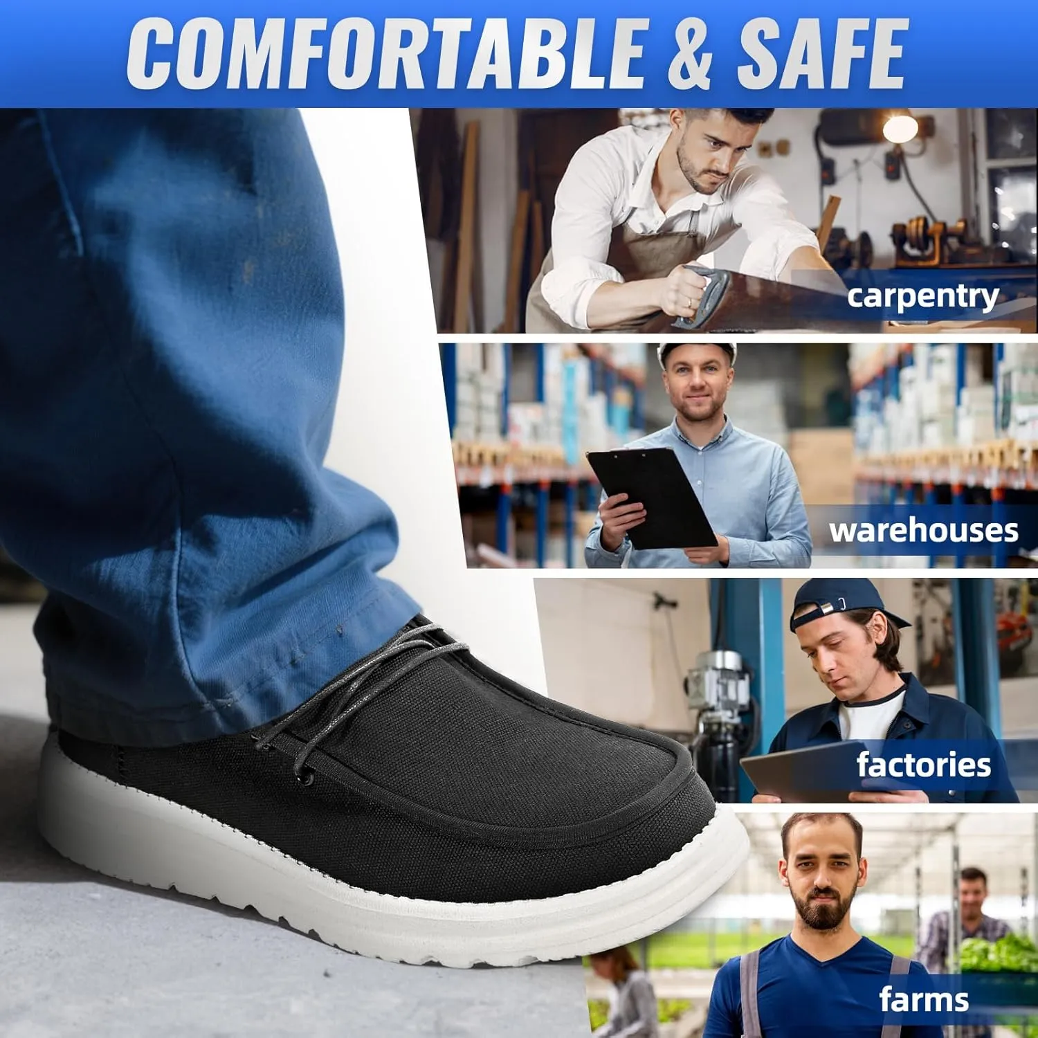 Furuian Steel Toe Shoes for Men Low-top Safety Work Shoes for Men Lightweight Steel Toe Sneakers Comfortable Canvas Work Loafers Zapatos De Trabajo para Hombres