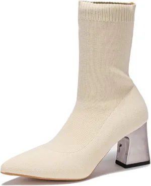 GATUXUS Women's Chunky High Heel Ankle Boots Pointed Toe Mid Calf Knitting Sock Booties Warm Shoes